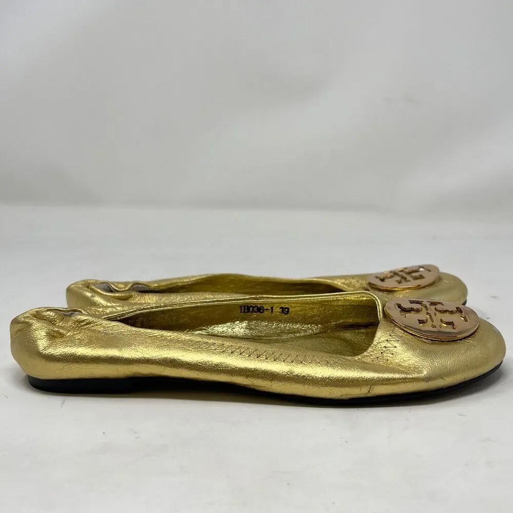 TORY BURCH Reva Gold Leather Flat Ballet Ballerina Shoes with T-Logo Women's 8.5